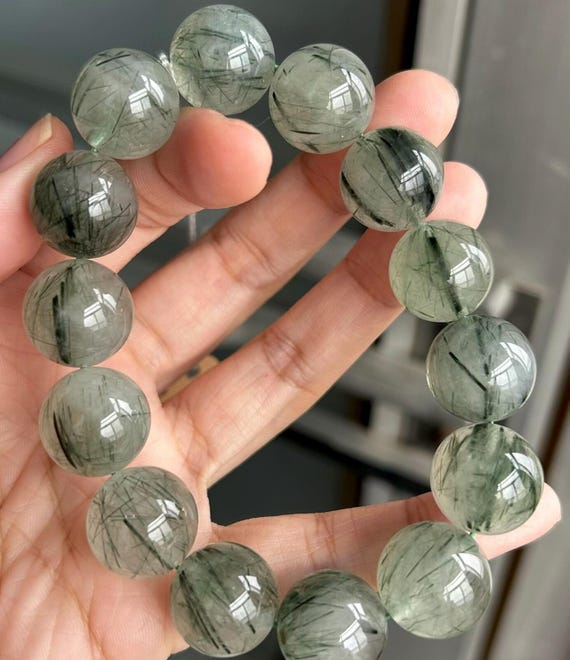 15 MM 天然グリーントルマリン ルチルクォーツ ビーズブレスレット 