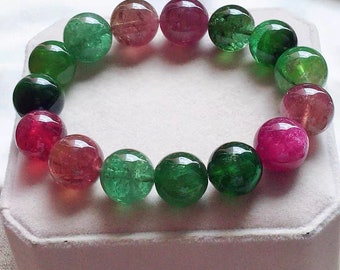 14mm Natural Genuine multicolor tourmaline beaded Bracelet,high Quality tourmaline bracelet,Unique gifts for her