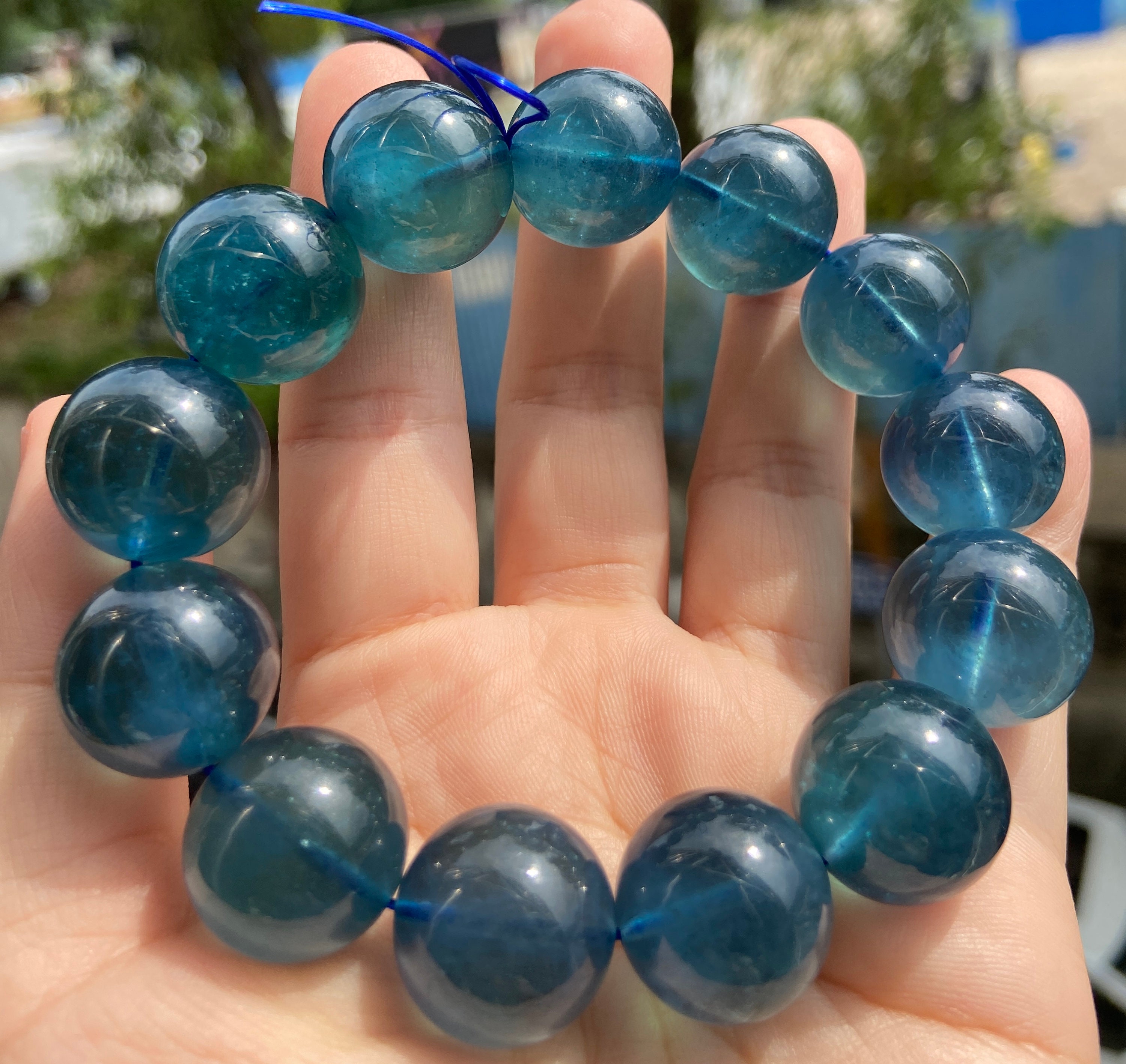 天然アクアマリンビーズブレスレット、グリーンブルーの宝石、18 mm 