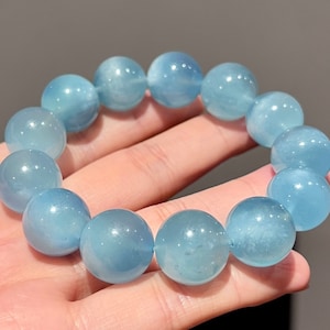 16mm Natural Genuine Blue aquamarine beaded bracelet,women bracelet,men bracelet,jewelry gift,Large Size aquamarine bracelet