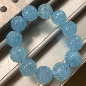 17mm Genuine Natural Aquamarine Carved Round Beaded bracelet,gifts,rare,unique,healing stone,energy stone