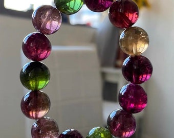 14mm Rare High Grade Genuine Multicolor Rainbow Tourmaline Beads Bracelet,High Quality beads bracelet,Natural Tourmaline bracelet
