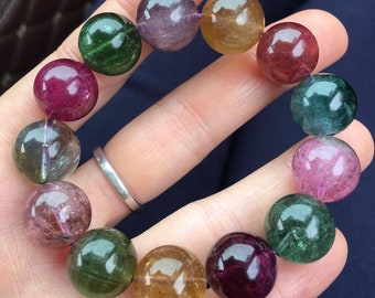 13mm+ Rare Genuine Rainbow Tourmaline Beads Bracelet,High Quality beads bracelet,Natural Tourmaline bracelet