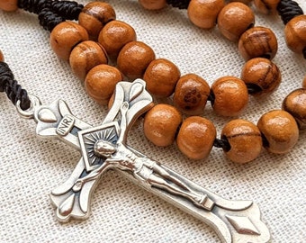 Wooden Rosary with 6mm Olive Wood Rosary Beads, Metal Crucifix, and Black Nylon Cord. Catholic Rosary for Men and Women. Free Shipping.