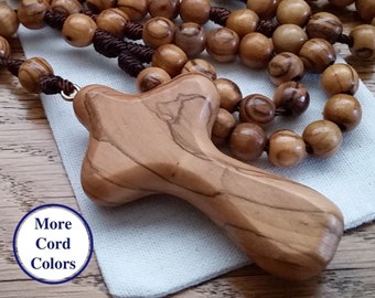 Wooden Rosary with 8mm Large Prayer Beads, Comfort Cross, and Nylon Cord, Beautiful Catholic First Communion Gift