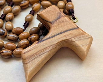 Tau Cross Wooden Rosary: Catholic Prayer Beads, St Francis of Assisi Confirmation Gift