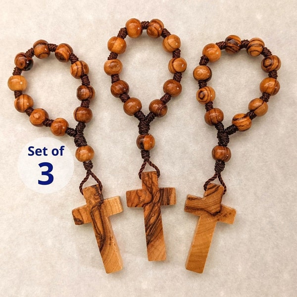 Finger Rosary Ring Set, 3 Olive Wood Mini Rosaries, Pocket Rosaries for Men and Women, Handmade Small Catholic Gifts, Barbara McLaughlin Art