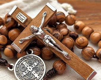 Handmade Wooden Rosary with St Benedict Medal, 7mm Olive Wood Rosary Beads, and Traditional Crucifix. Catholic Gifts for Men and Women.