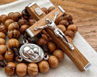 Catholic Rosary with 7mm Olive Wood Rosary Beads, Traditional Wooden Crucifix & Marian Centerpiece, Catholic Gifts for Women and Men