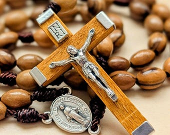 Catholic Olive Wood Rosary: Miraculous Medal Centerpiece, Wooden Crucifix, Religious Gifts