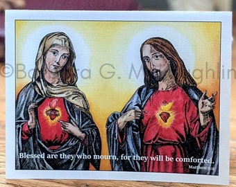 Sacred Heart of Jesus Sympathy Card: Immaculate Heart Mary, Handmade Catholic Art Notecards