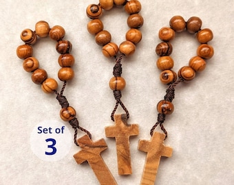 One Decade Rosary Ring Set, 3 Finger Rosaries with Olive Wood Beads and Small Wooden Cross, Catholic Gifts for Men, Women, Boys & Girls