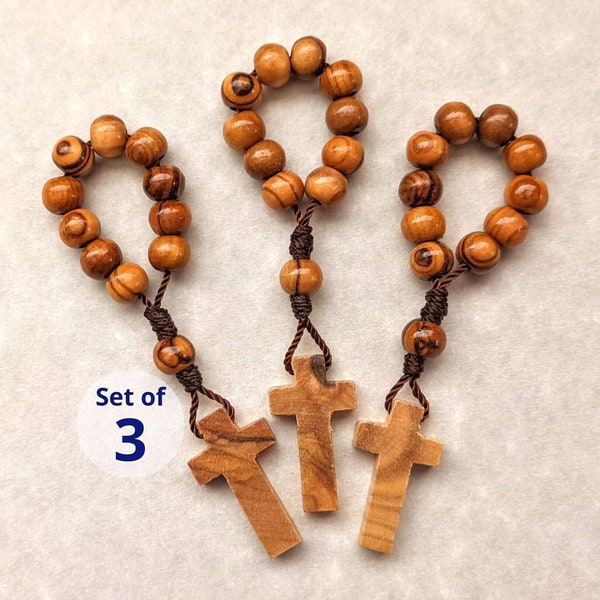 One Decade Rosary Ring Set, 3 Finger Rosaries with Olive Wood Beads and Small Wooden Cross, Catholic Gifts for Men, Women, Boys & Girls