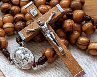 Catholic Rosary with 8mm Olive Wood Rosary Beads, Traditional Wooden Crucifix & Marian Centerpiece, Catholic Gifts for Women and Men