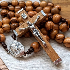 Catholic Rosary with 8mm Olive Wood Rosary Beads, Traditional Wooden Crucifix & Marian Centerpiece, Catholic Gifts for Women and Men image 1