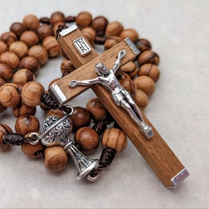 First Communion Wooden Rosary with 7mm Olive Wood Beads, Beautiful Wood Metal Crucifix, and Rosary Pouch Handmade by Barbara McLaughlin Brown