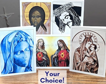 Catholic Art Cards with Virgin Mary & Sacred Heart of Jesus, Handmade Religious Sympathy Card, Catholic Gifts, BarbMcLaughlinArt