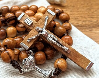 First Communion Wooden Rosary with 8mm Olive Wood Beads, Beautiful Wood Metal Crucifix, and Rosary Pouch - 1st Communion Catholic Boy Gift