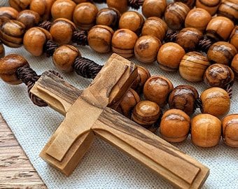 Wooden Rosary with 8mm Olive Wood Rosary Beads, Unique Wood Cross & Nylon Cord, Handmade Catholic Gifts for Men and Boys, Barbara McLaughlin