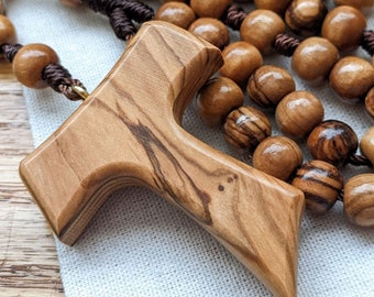 Wooden Rosary with Franciscan Tau Cross, Olive Wood Rosary Beads - St Francis of Assisi Catholic Gifts for Men & Women - Barb McLaughlin Art