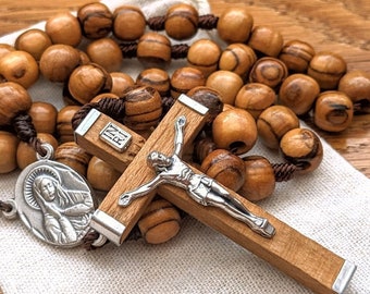 Catholic Rosary with 8mm Wooden Rosary Beads, Sacred Heart of Jesus & Immaculate Mary Rosary Centerpiece, Wood Crucifix - Barbara McLaughlin
