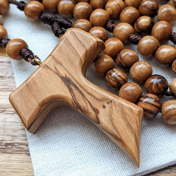 Wooden Rosary with Franciscan Tau Cross, Olive Wood Rosary Beads - St Francis of Assisi Catholic Gifts for Men & Women - Barb McLaughlin Art