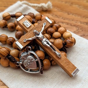 Wooden Rosary with 7mm Olive Wood Rosary Beads, Sacred Heart of Jesus Rosary Centerpiece, Traditional Crucifix, Nylon Cord, Barb McLaughlin
