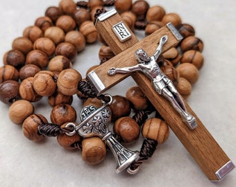 First Communion Wooden Rosary with 7mm Olive Wood Beads, Beautiful Wood Metal Crucifix, and Rosary Pouch