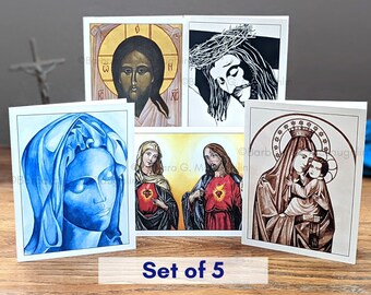 Catholic Art Blank Greeting Card Set, 5 Religious Note Cards with Envelopes, Handmade Sympathy Cards, Catholic Gifts for Men or Women