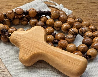 Handmade Comfort Cross Rosary: Large 8mm Olive Wood Beads, Brown Nylon Cord, Catholic Gift