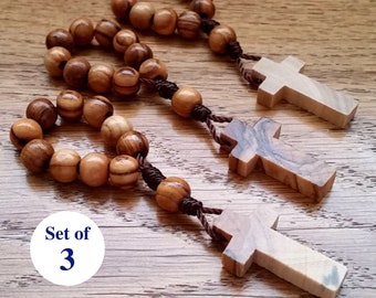 One Decade Rosary Ring Set, 3 Finger Rosaries with Olive Wood Beads and Small Wooden Cross, Catholic Gifts for Men, Women, Boys & Girls