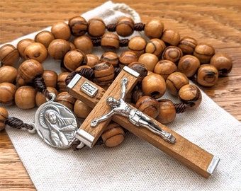 Catholic Rosary with 8mm Wooden Rosary Beads, Sacred Heart of Jesus & Immaculate Mary Rosary Centerpiece, Wood Crucifix - Barbara McLaughlin