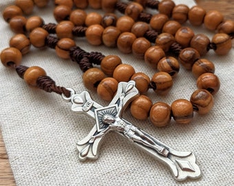 Wooden Rosary with 6mm Olive Wood Rosary Beads, Metal Crucifix, and Nylon Cord. Pocket Rosary for Men and Women. Barb McLaughlin Art.