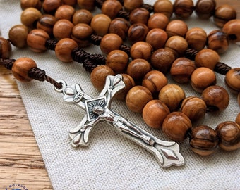 Handmade Catholic Rosary with 7mm Olive Wood Rosary Beads, Metal Crucifix, and Nylon Cord. Wooden Rosaries for Men & Women.