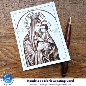 Handmade Catholic card with art taken from my original ink painting of Our Lady of Mt Carmel. Blank religious greeting cards for all occasions! Free shipping in the US. US shipping only. ©Barbara G. McLaughlin