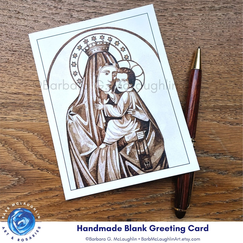 Handmade Catholic card with art taken from my original ink painting of Our Lady of Mt Carmel. Blank religious greeting cards for all occasions! Free shipping in the US. US shipping only. ©Barbara G. McLaughlin