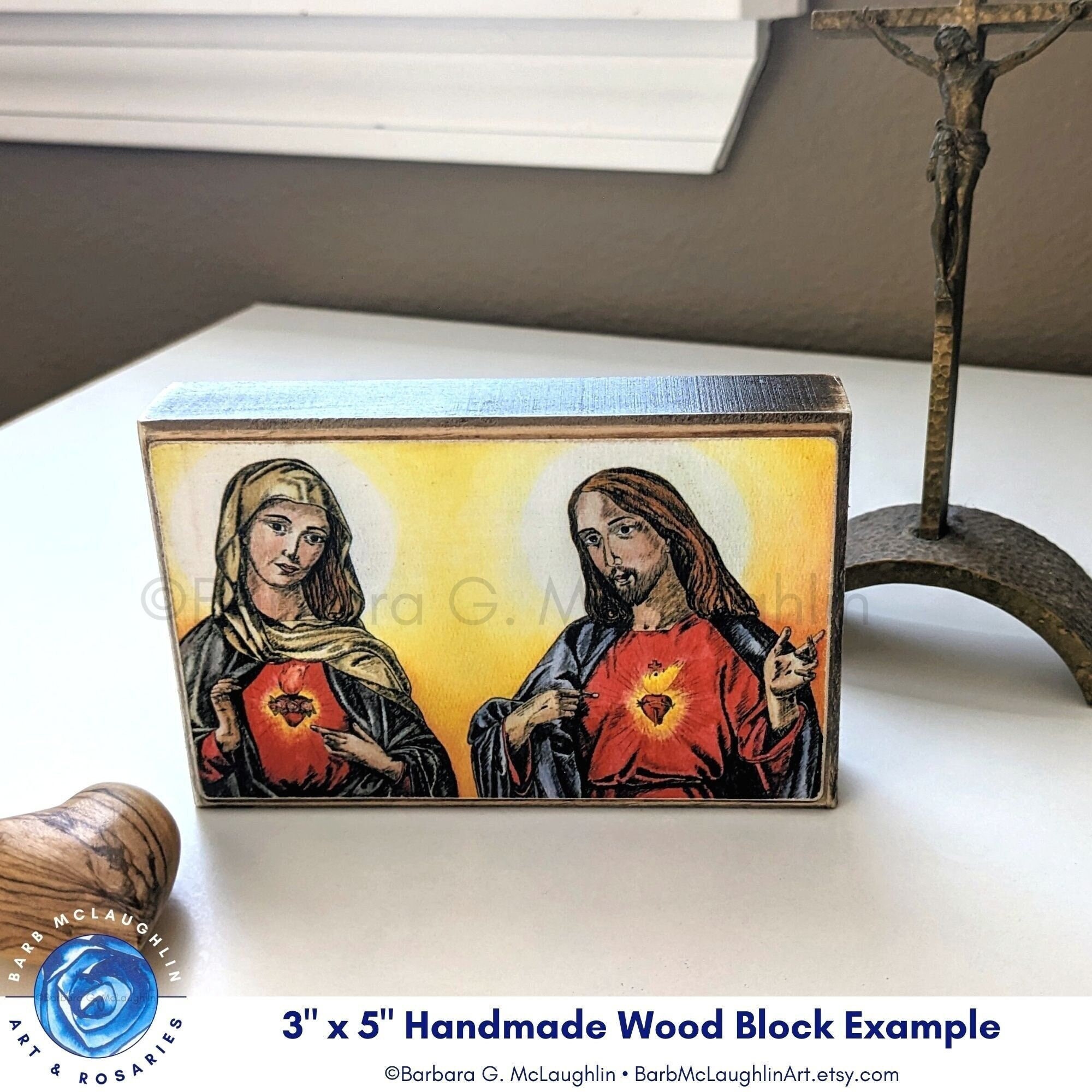 3x5 Sacred Heart of Jesus & Immaculate Heart of Mary Wood Block, Catholic Art Home Decor, Catholic Gifts for Women, OCIA Baptism Gift