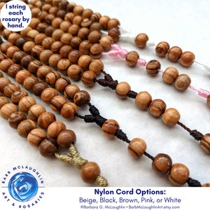 Handmade First Communion rosaries with movable 7mm authentic Holy Land olive wood beads, Italian-metal cross, and durable nylon cord. Your choice of nylon cord color - beige, black, brown, pink, or white cord.
