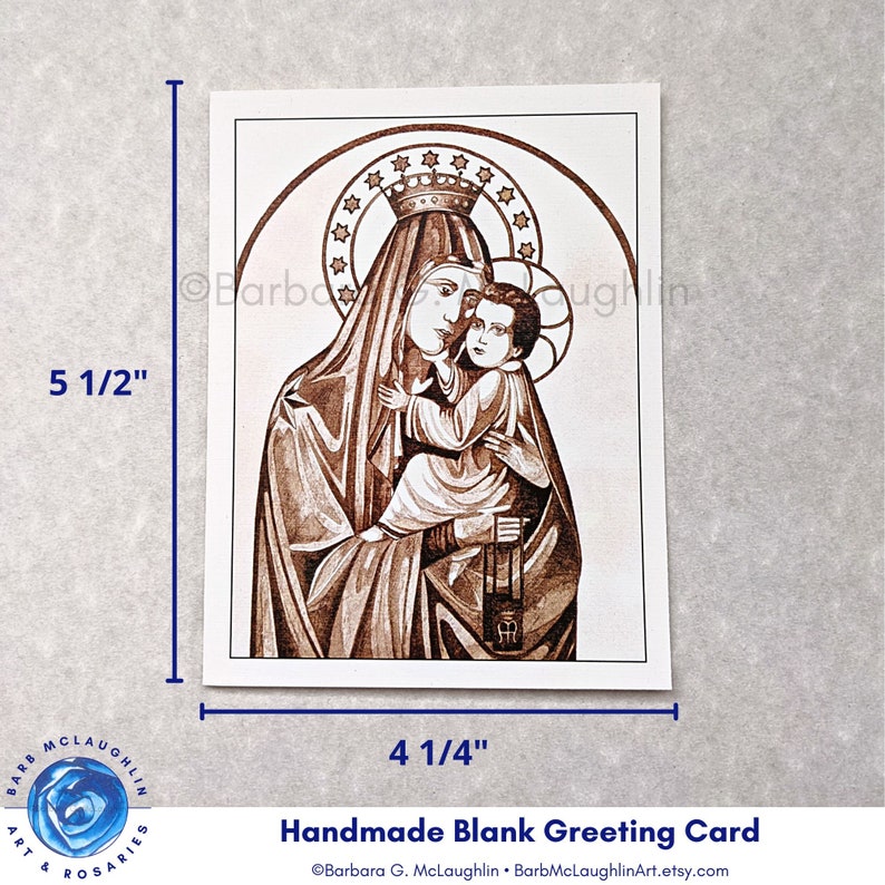 The size of this handmade Catholic card is A2 - approximately 4.25 inches x 5.5 inches. Blank on the inside for your personalized message. Free shipping in the US. US shipping only. ©Barbara G. McLaughlin