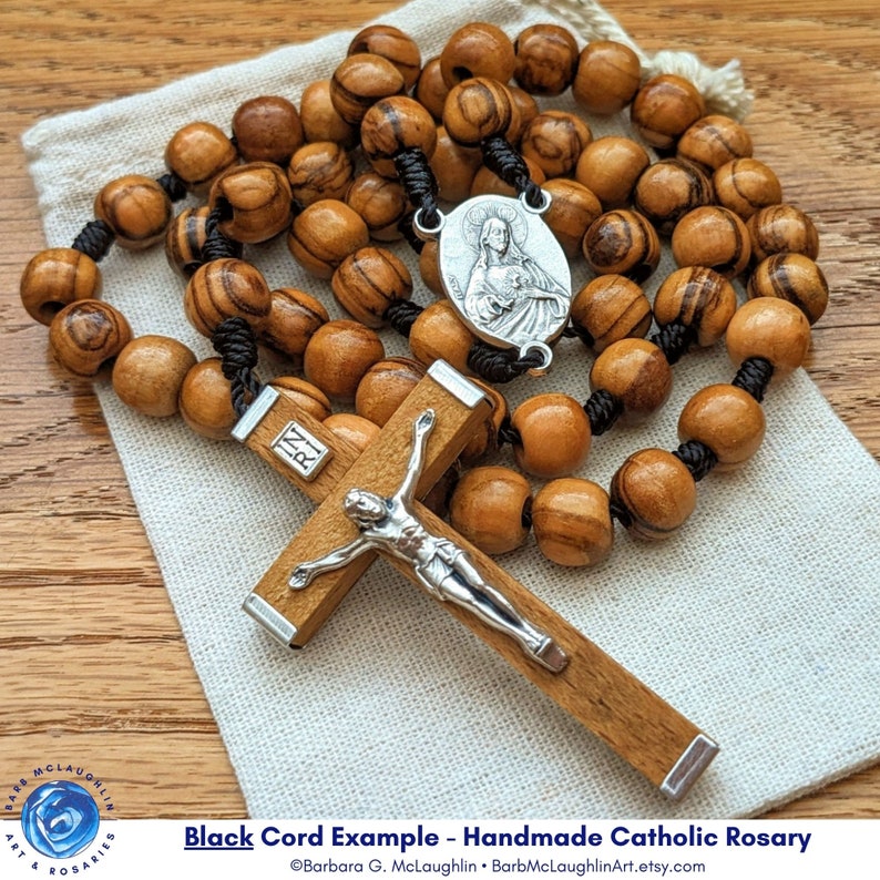 Catholic Rosary with 8mm Wooden Rosary Beads, Sacred Heart of Jesus & Immaculate Mary Rosary Centerpiece, Wood Crucifix Barbara McLaughlin image 4