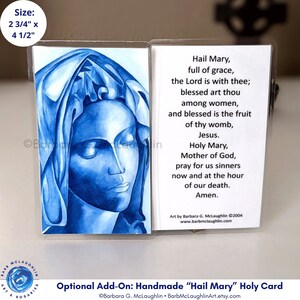 When buying this 1st Communion rosary, you have the option of adding on this handmade Hail Mary holy card. Art is taken from my original ink painting of the Blessed Virgin Mary. The Hail Mary prayer is on the reverse side of this laminated holy card.