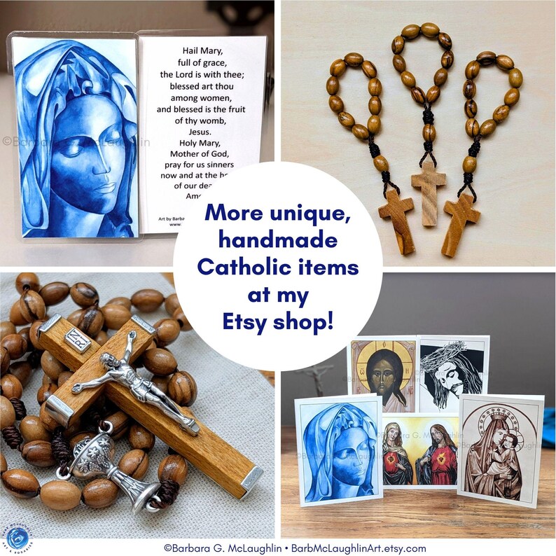 Peut inclure: Un collage d'articles catholiques faits &agrave; la main, comprenant des chapelets, des croix et des reproductions d'art. L'art repr&eacute;sente J&eacute;sus, Marie et d'autres figures religieuses. Le texte "More unique, handmade Catholic items at my Etsy shop!" est visible.