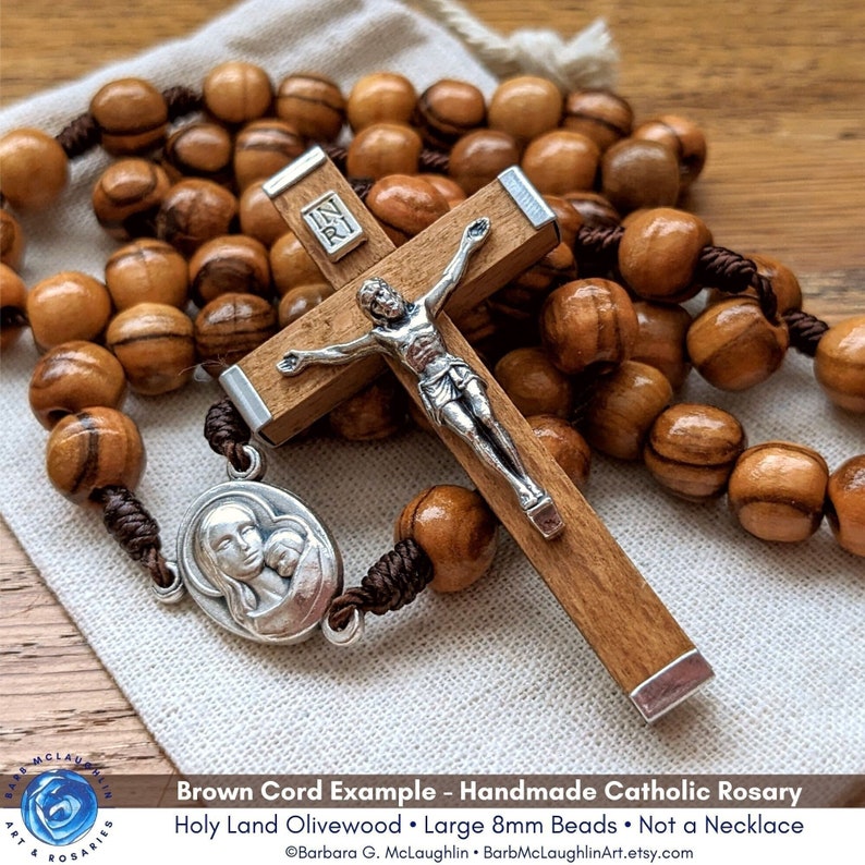 Catholic Rosary with 8mm Olive Wood Rosary Beads, Traditional Wooden Crucifix & Marian Centerpiece, Catholic Gifts for Women and Men image 1