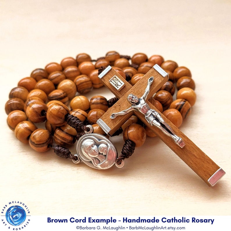 Catholic Rosary with 8mm Olive Wood Rosary Beads, Traditional Wooden Crucifix & Marian Centerpiece, Catholic Gifts for Women and Men image 7