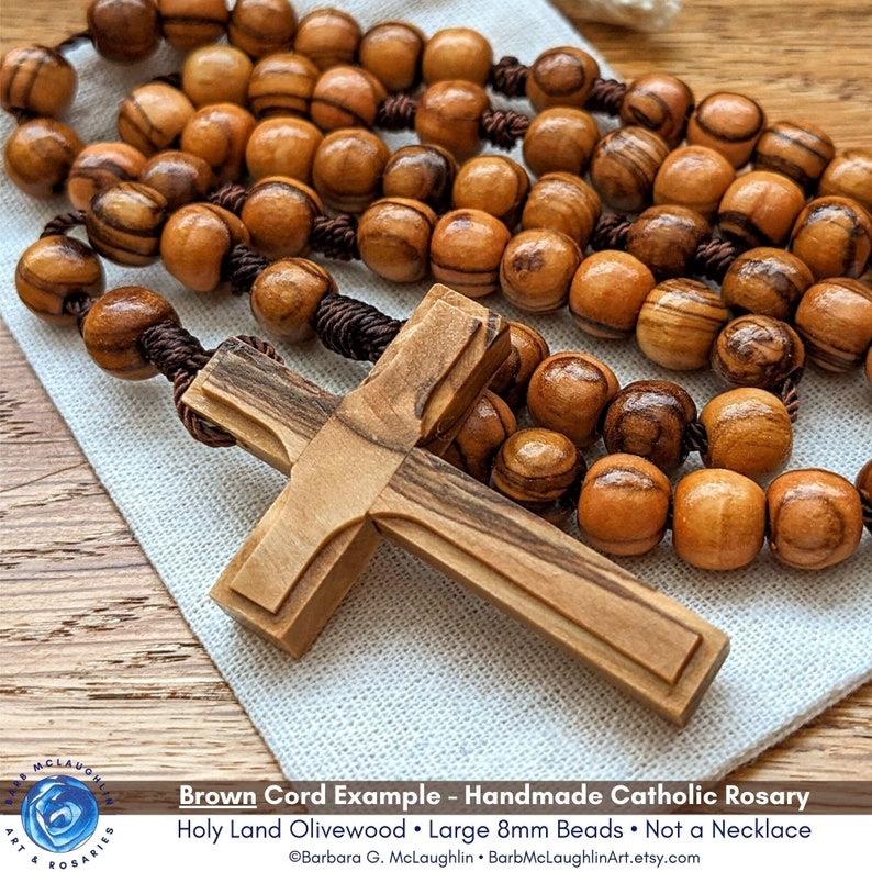 Wooden Rosary with 8mm Olive Wood Rosary Beads, Unique Wood Cross & Nylon Cord, Handmade Catholic Gifts for Men and Boys, Barbara McLaughlin image 1