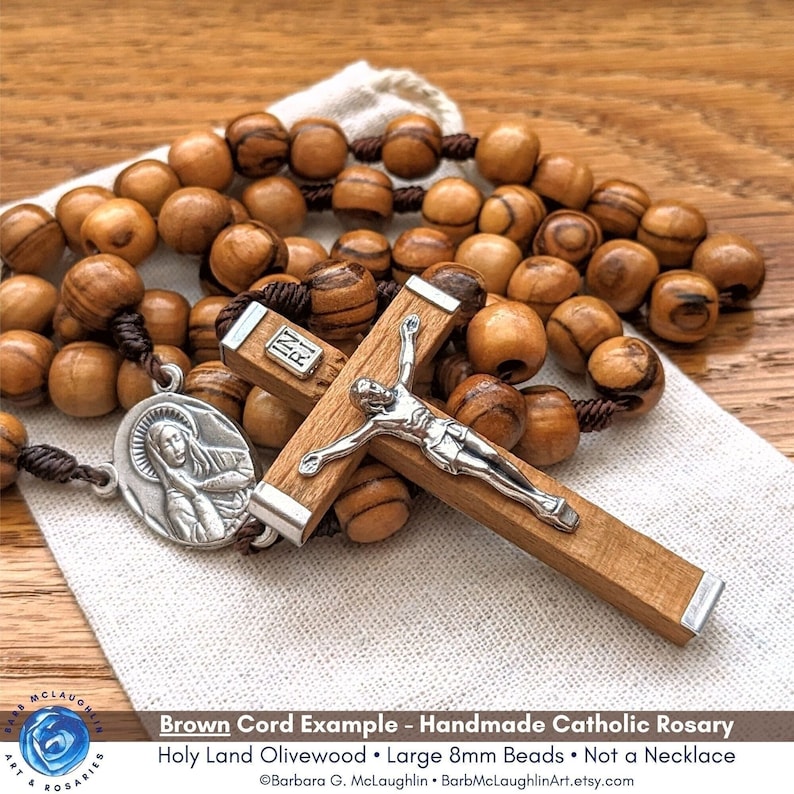 Catholic Rosary with 8mm Wooden Rosary Beads, Sacred Heart of Jesus & Immaculate Mary Rosary Centerpiece, Wood Crucifix Barbara McLaughlin image 1