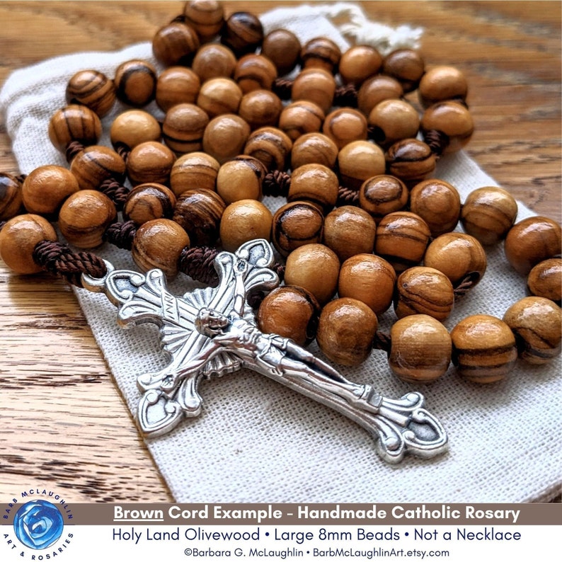 Catholic Rosary with 8mm Olive Wood Rosary Beads, Metal Crucifix, Nylon Cord 5 Decade Wooden Rosaries for Men First Communion Gift Boy Brown