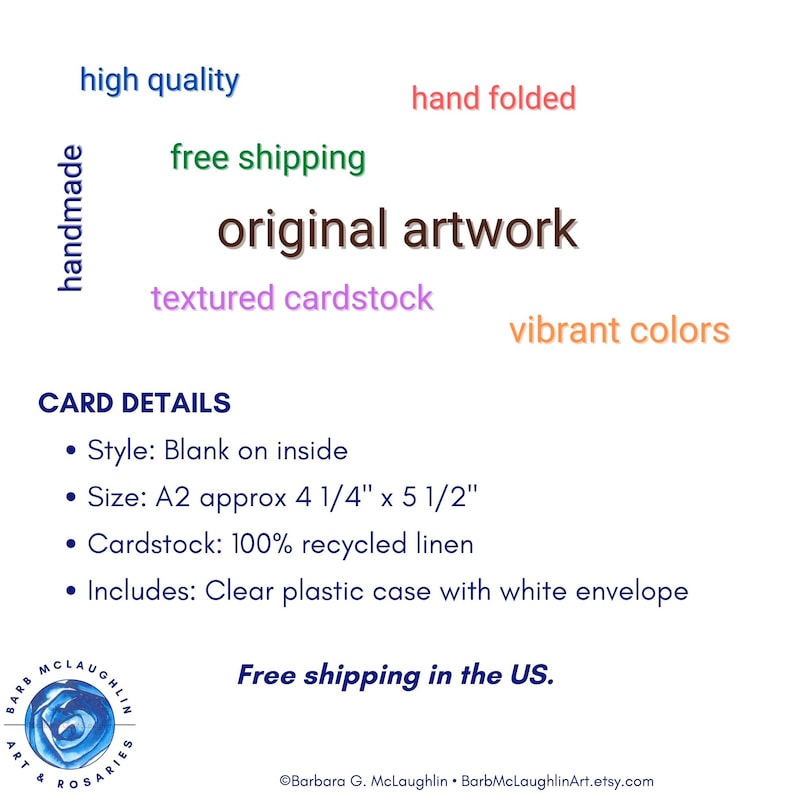 Each card is handmade in my art studio with art taken from my original paintings. I design, print, and fold each card. Each A2 card is approximately 4 1/4 inches by 5 1/2 inches, blank on the inside, and printed on 100% recycled linen cardstock.