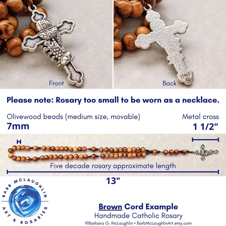 Handmade First Communion rosary with movable 7mm olive wood beads, Italian-metal cross, and brown nylon cord. This five decade rosary is too small to be worn as a necklace. The metal cross is detailed with chalice, bread, and grapes.