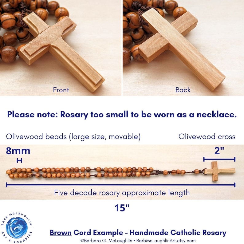 Wooden Rosary with 8mm Olive Wood Rosary Beads, Unique Wood Cross & Nylon Cord, Handmade Catholic Gifts for Men and Boys, Barbara McLaughlin image 3